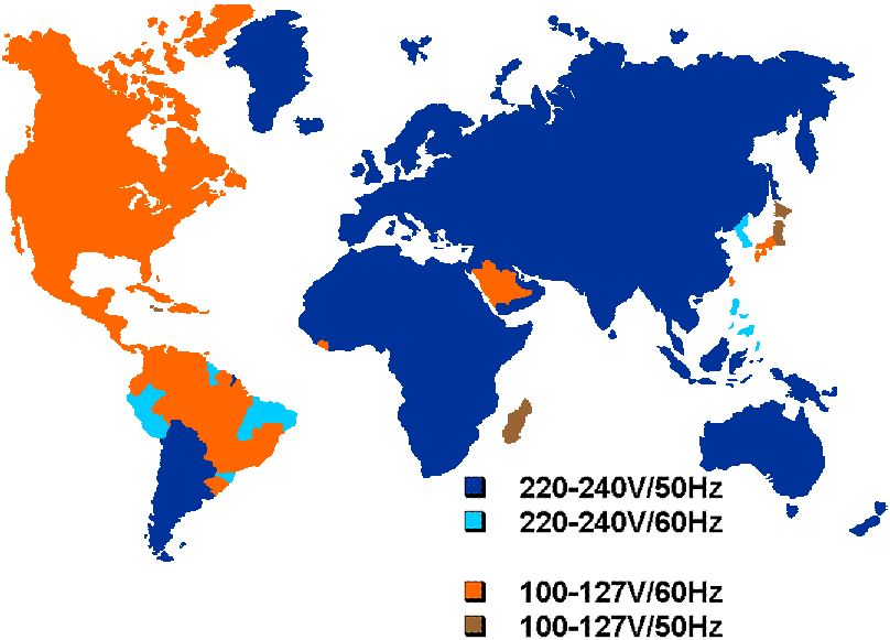 Map of the world coloured by voltage and frequency