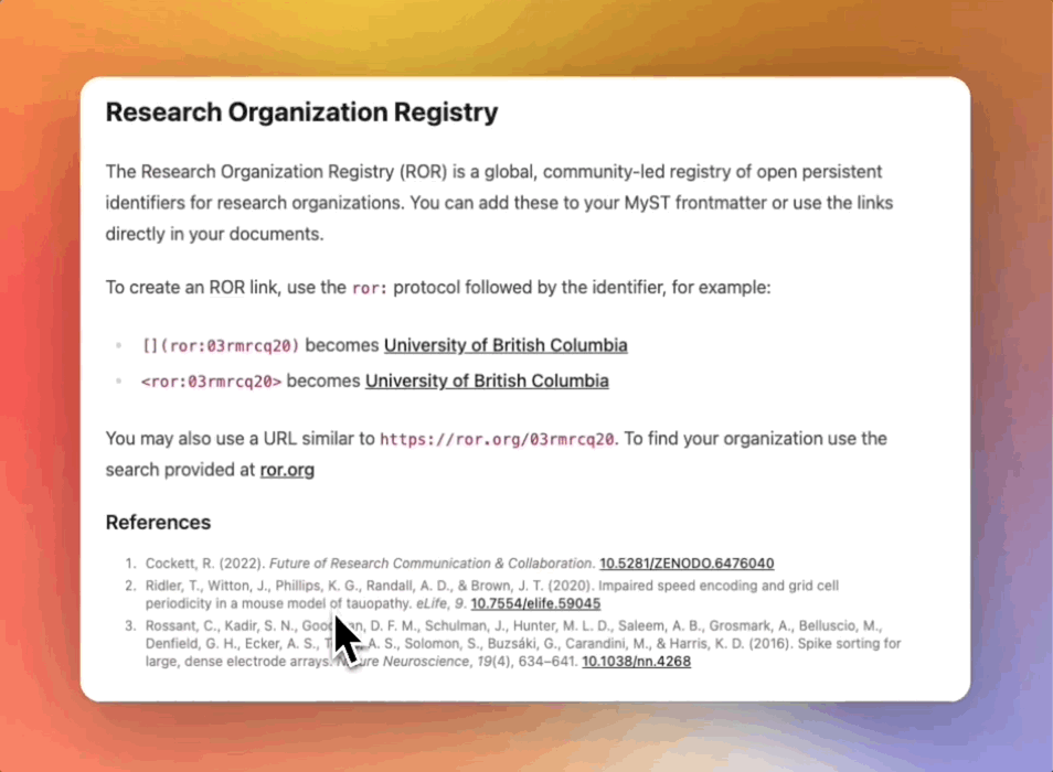 In Curvenote, hovering over the text 'University of British Columbia' brings up information about the organization from ROR.