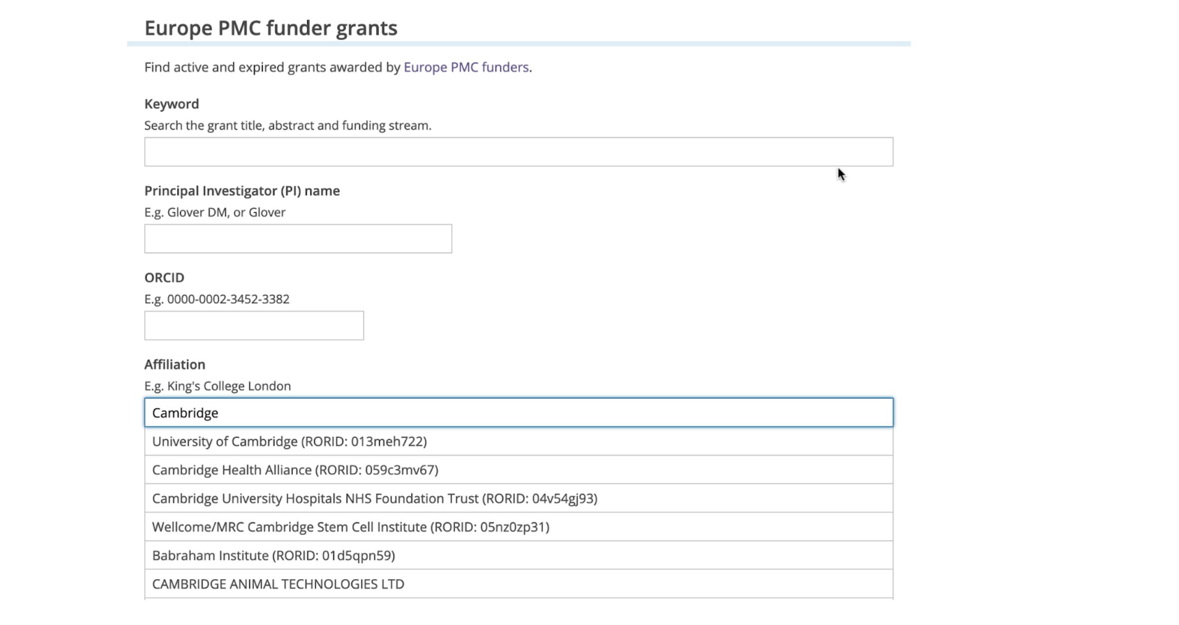 Screenshot of ROR affiliation picker in Europe PMC grant form
