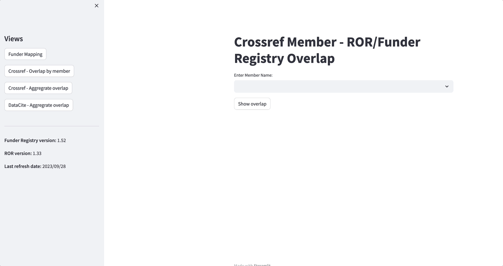 GIF showing how to look up the Crossref member Royal Society of Chemistry in the ROR / Funder Registry Overlap tool