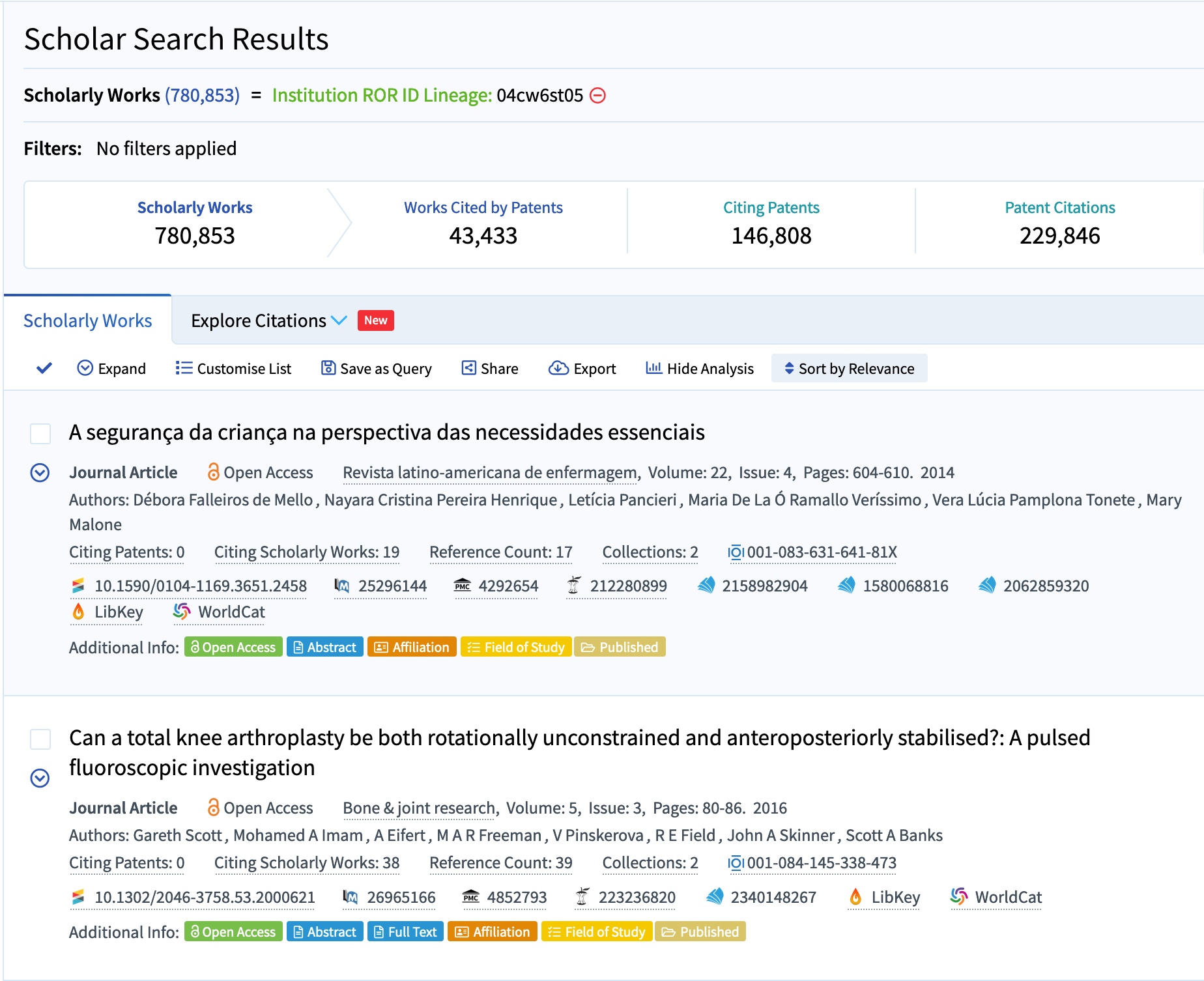 The Lens's structured search for scholarly works by ROR ID showing over 780,000 works associated with the University of London and its subsidiary organizations. The Lens also offers the ability to filter results by sub-organization.