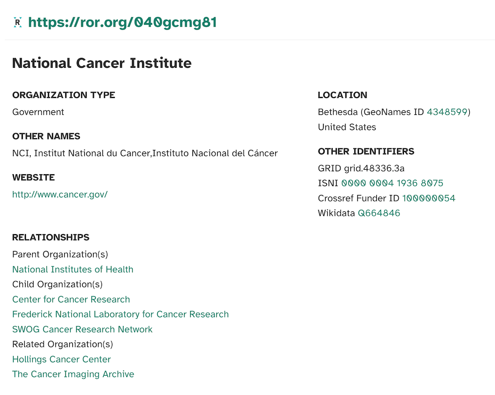 ROR record for the US National Cancer Institute showing the parent organization as the National Institutes of Health as well as three child organizations and two related organizations.
