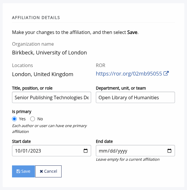 Author affiliation details screen in Janeway.