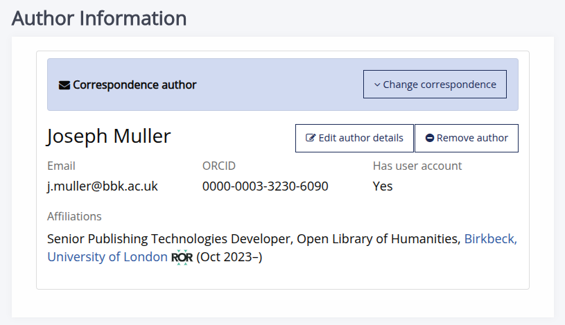 Screenshot of author information pulled from ORCID in Janeway.