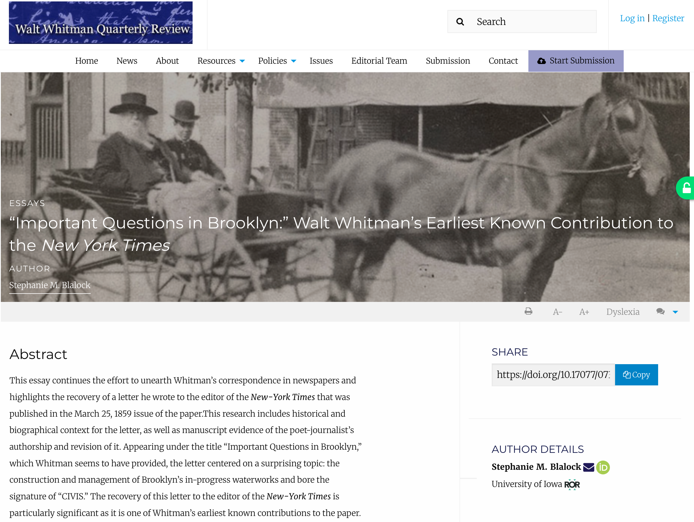 Web page for article in the Walt Whitman Review.