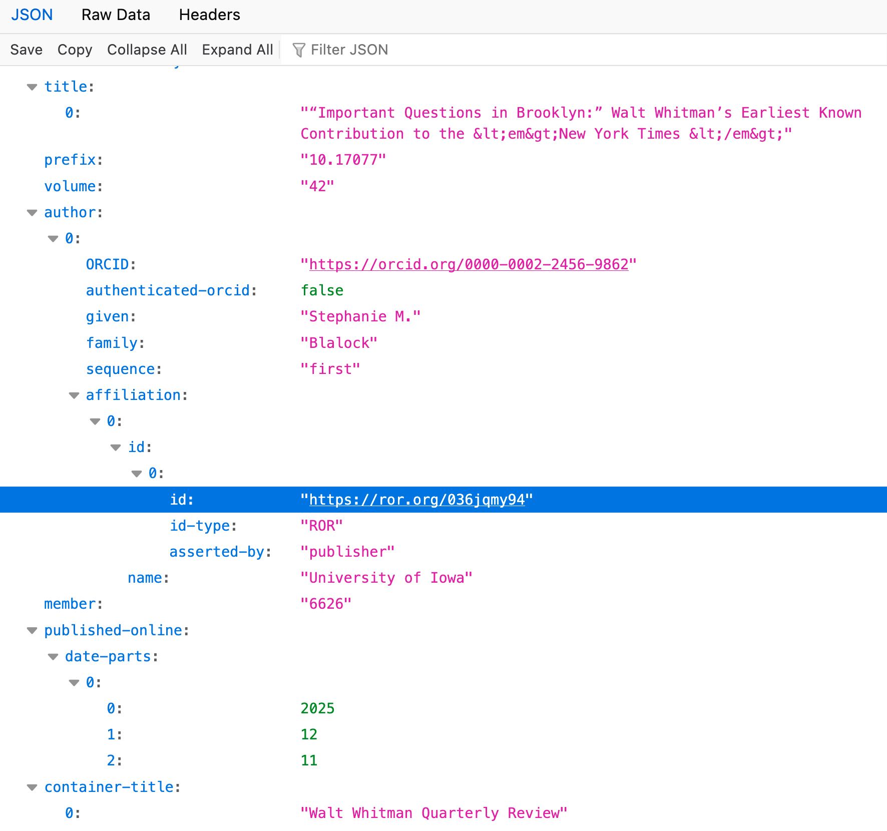 JSON metadata from Crossref API.