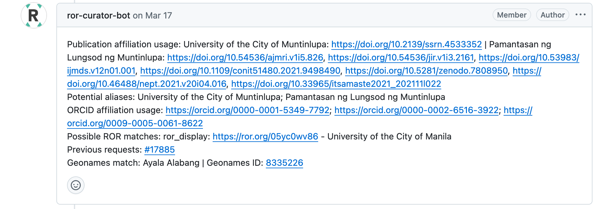 A ROR curation bot helps find additional information to help curators review a request to add University of the City of Muntinlupa to ROR.