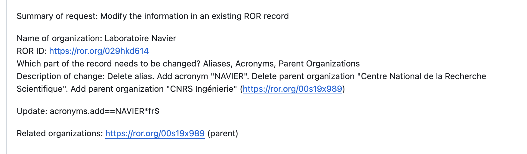 A request to update the existing ROR record for Laboratoire Navier gets a new acronym and a new parent organization.