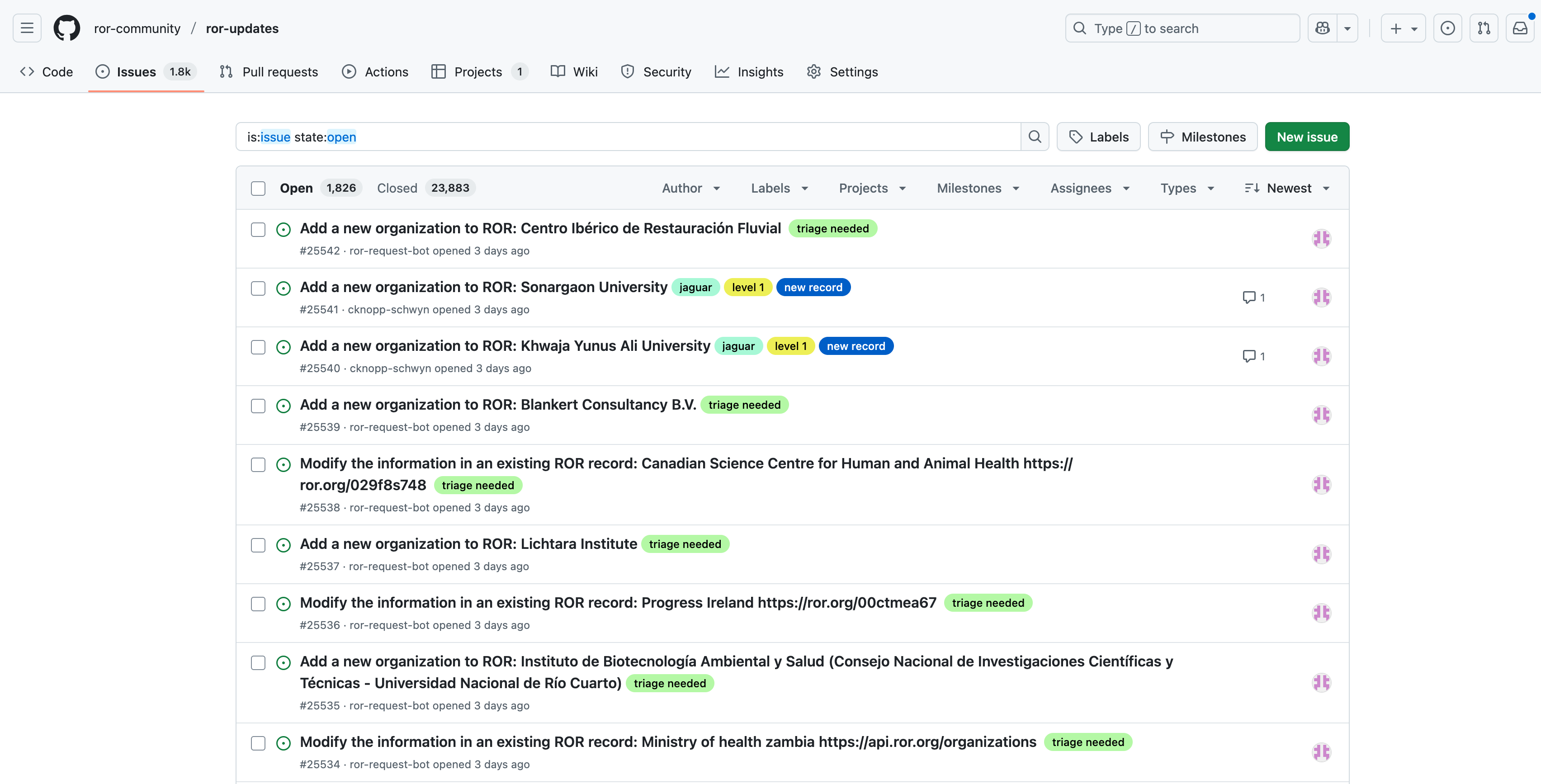 ROR's public curation updates tracker on GitHub allows anyone to see requests for changes and additions to ROR.
