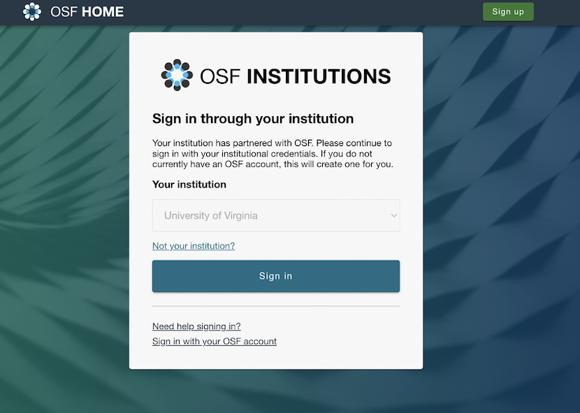 OSF Institutions login screen with the tagline 'If your institution has partnered with OSF, please select its name below and sign in with your institutional credentials. If you do not currently have an OSF account, this will create one for you.' 