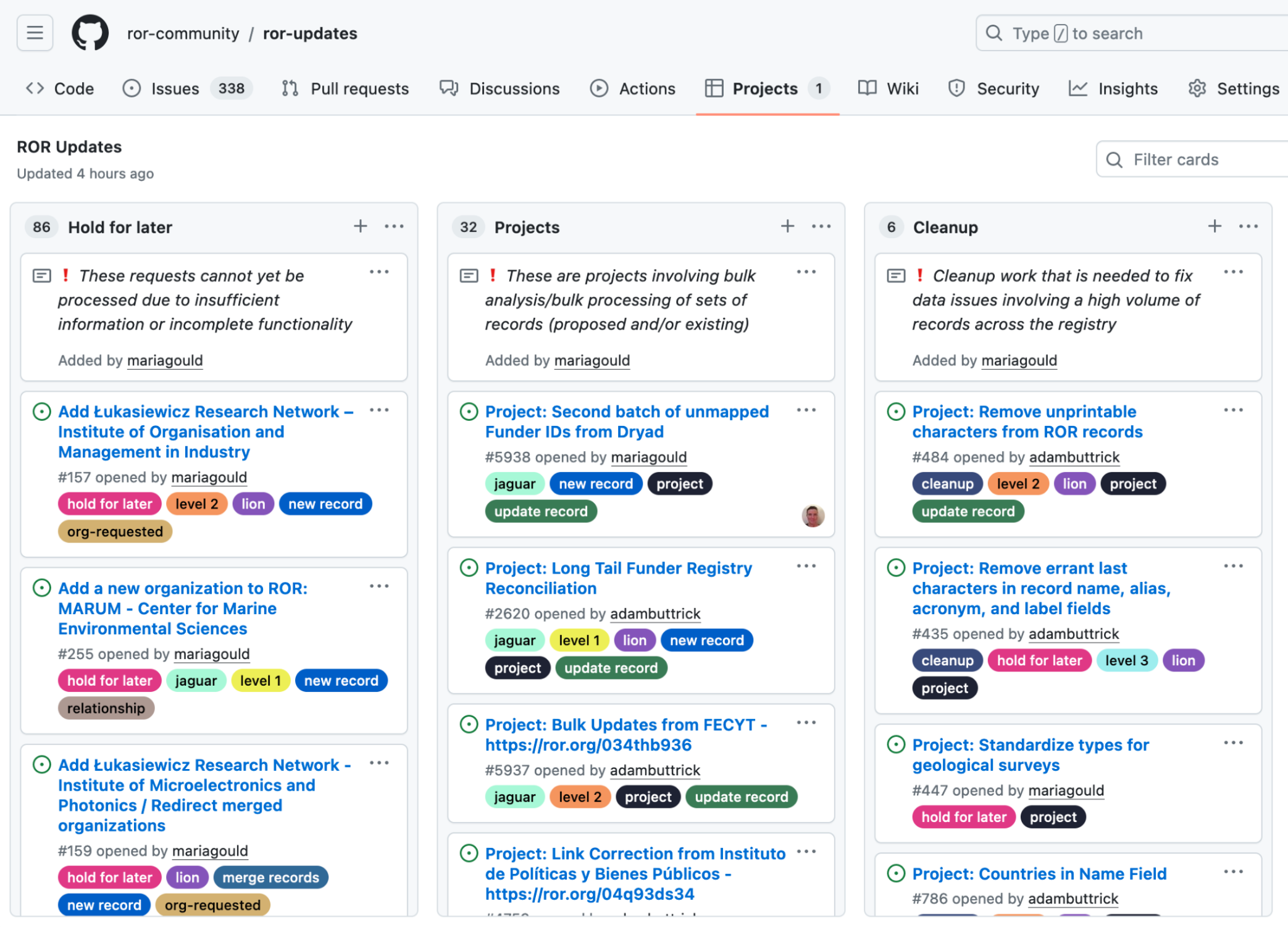 ROR Curation Updates projects board on GitHub