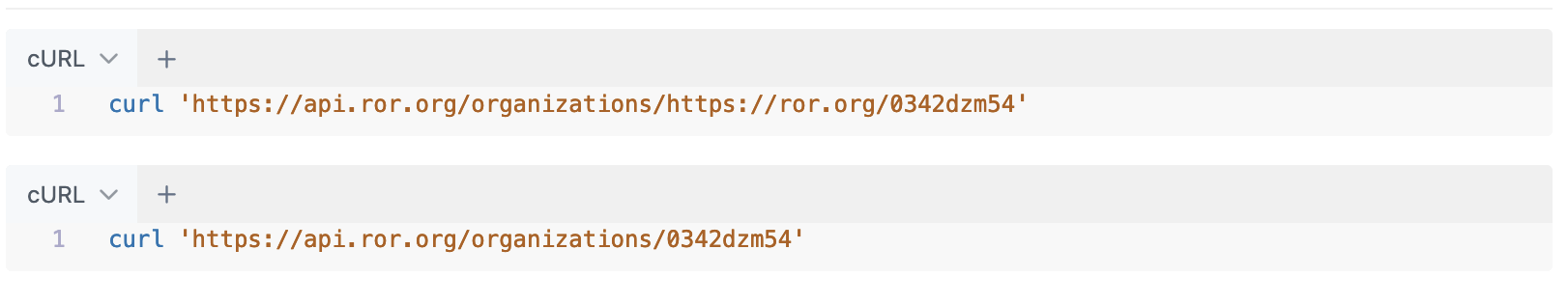 Both the full URL and the 9-character string forms of the ROR ID are valid in requests to the ROR API