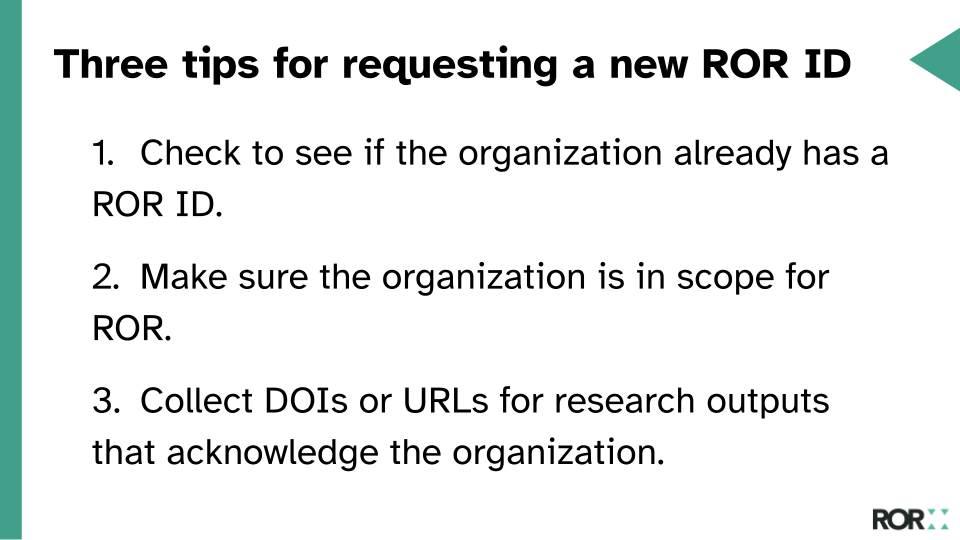 Three tips for requesting a new ROR ID.