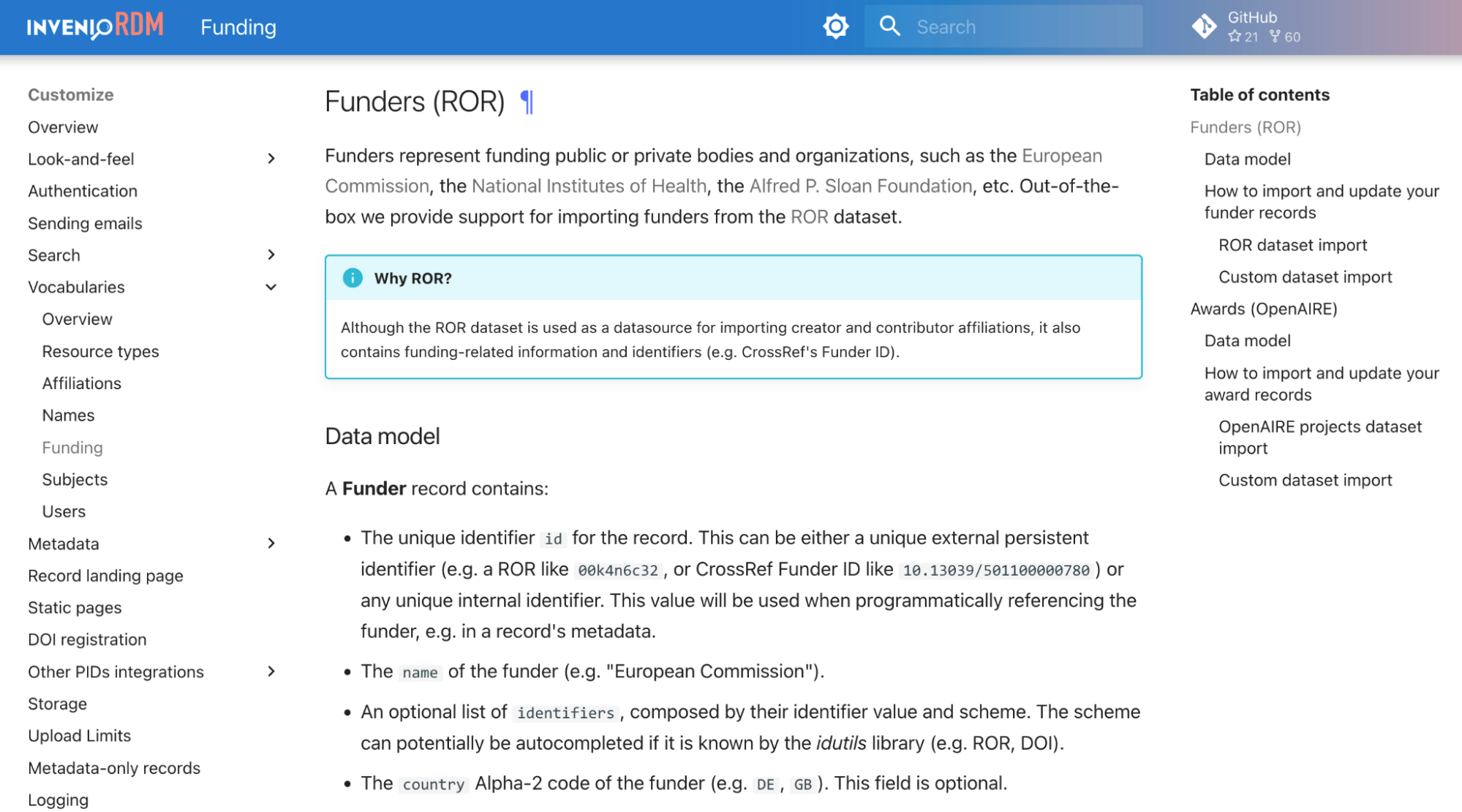 Documentation of the ROR-based funder model and award lookup in InvenioRDM, the open source system that runs Zenodo