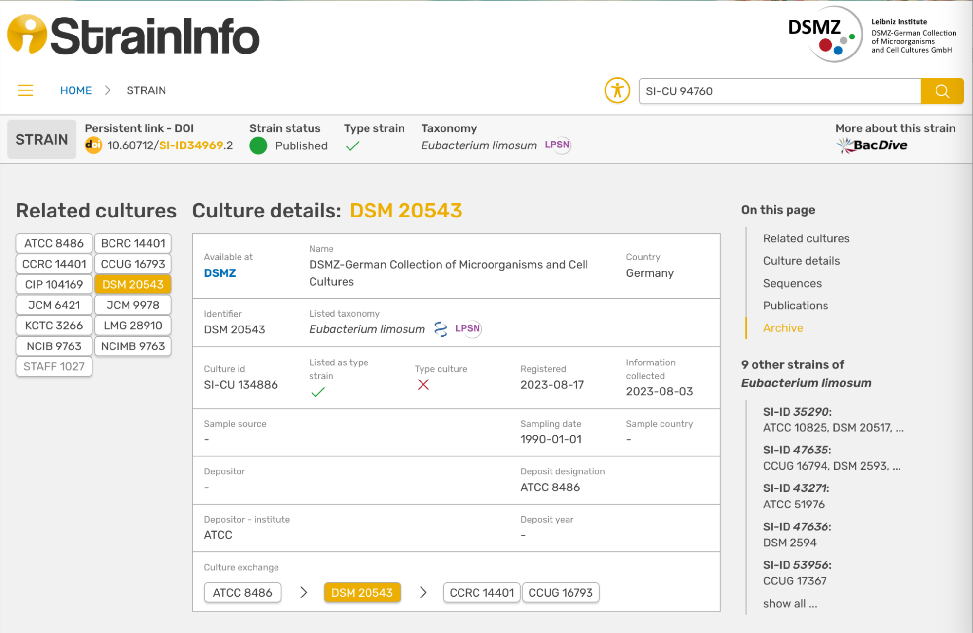 Example of a strain catalogued in StrainInfo. Note the DataCite DOI in the upper left.