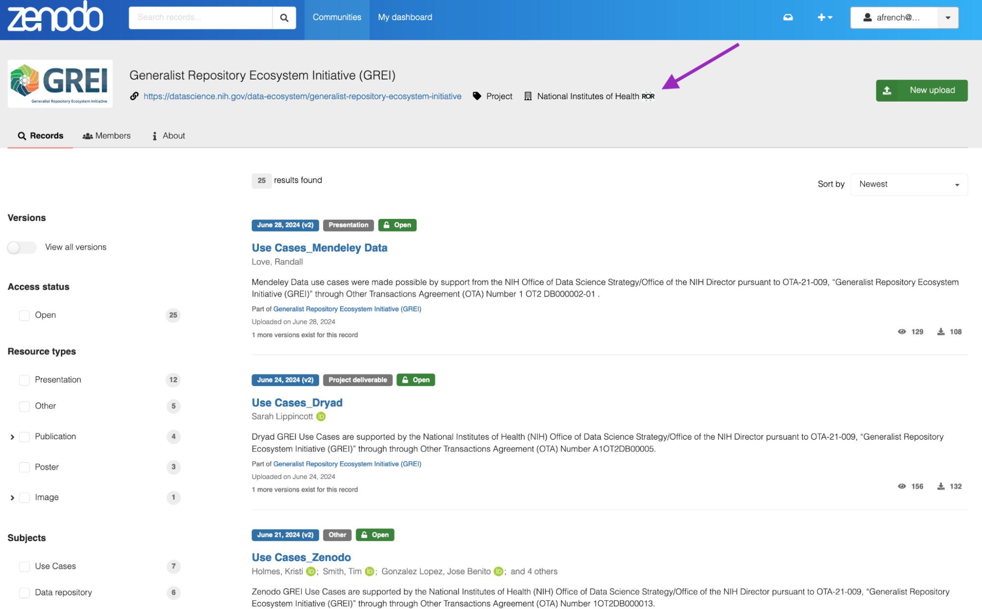 The NIH-funded GREI initiative maintains a community on Zenodo in which the NIH is associated with its ROR ID.