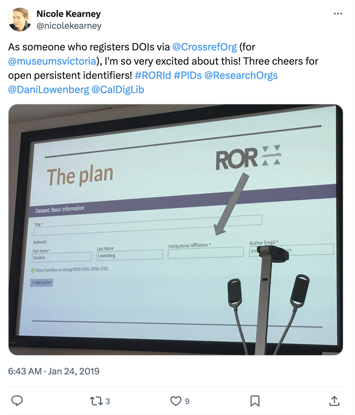 Nicole Kearney tweet reading As someone who registers DOIs via Crossref for Museums Victoria, I'm so very excited about this! Three cheers for open persistent identifiers!